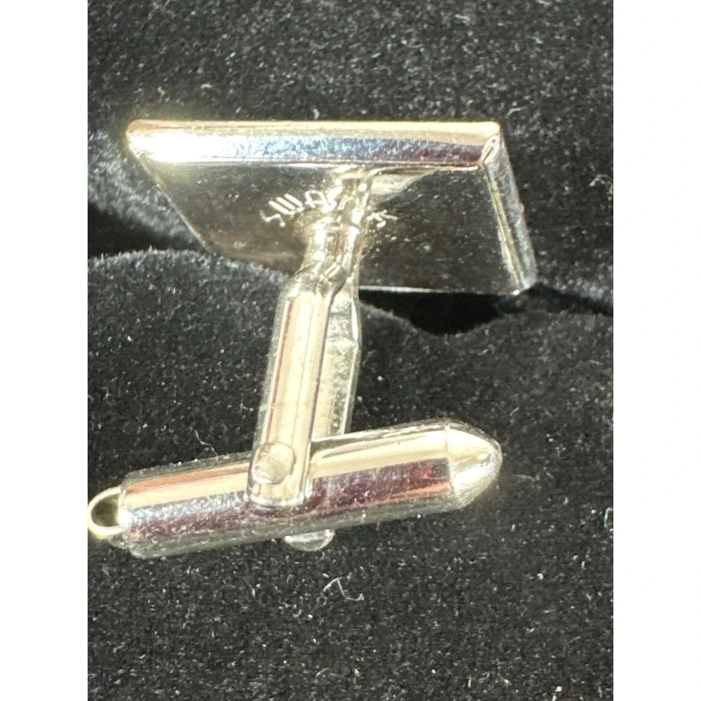 Vintage Swank Mens Rectangular Silver Tone Smokey Gray Stone Inlay Cufflinks